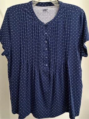 Lands' End Navy and White Polka Dot Pintuck Henley Top